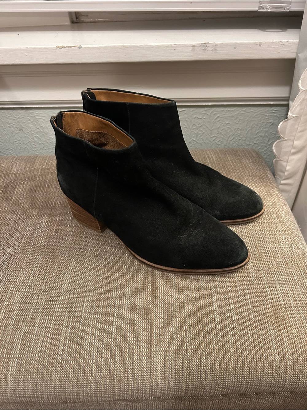Seychelles Black Suede Ankle Booties with Wood Stacked Heel